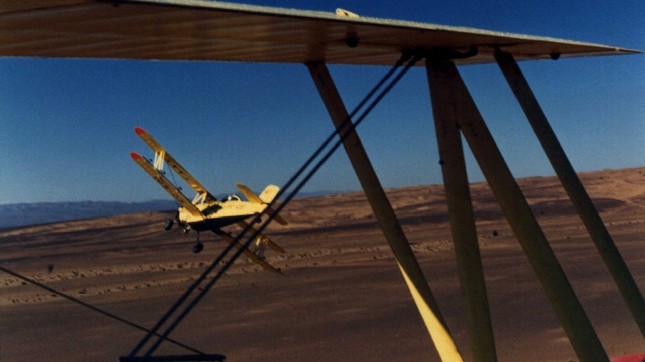 Biplano Grumman amarillo de extinción aparcado al atardecer